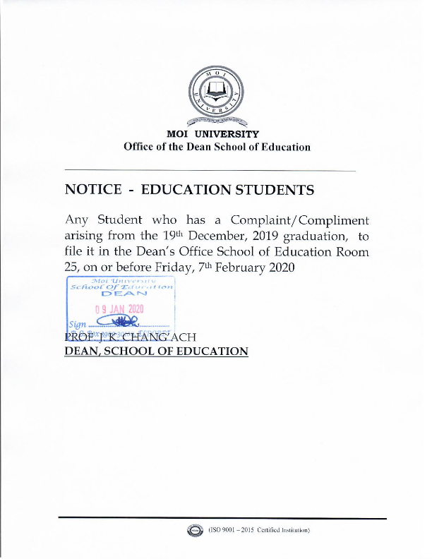 NOTICE TO EDUCATION STUDENTS 19.December.2019 GRADUANDS
